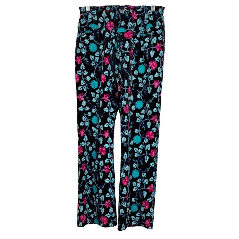 Lesley Evers Pants Velour Floral Embroidered Black Multicolor Boho Retro Medium